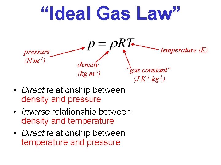 “Ideal Gas Law” pressure (N m-2) temperature (K) density (kg m-3) “gas constant” (J