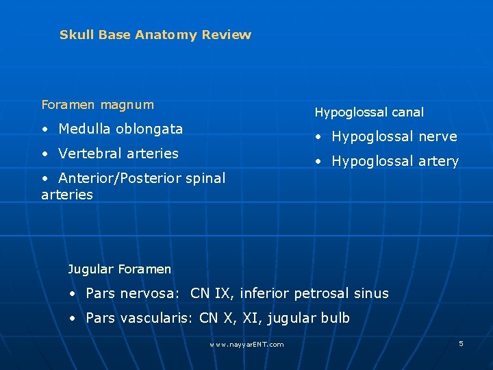 Skull Base Anatomy Review Foramen magnum Hypoglossal canal • Medulla oblongata • Hypoglossal nerve