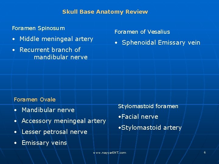 Skull Base Anatomy Review Foramen Spinosum • Middle meningeal artery • Recurrent branch of