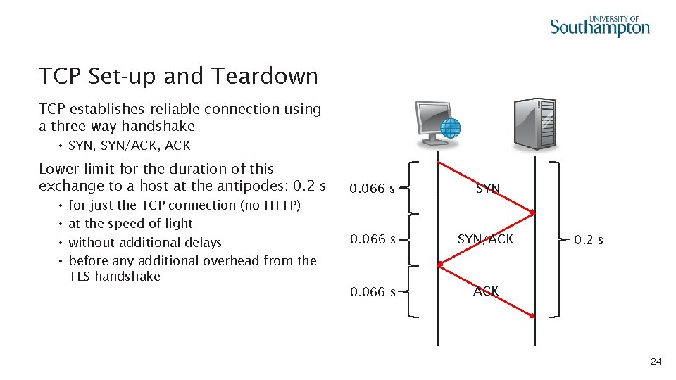 TCP Set-up and Teardown TCP establishes reliable connection using a three-way handshake • SYN,