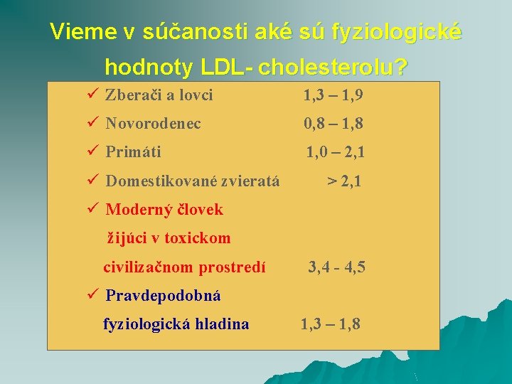 Vieme v súčanosti aké sú fyziologické hodnoty LDL- cholesterolu? ü Zberači a lovci 1,