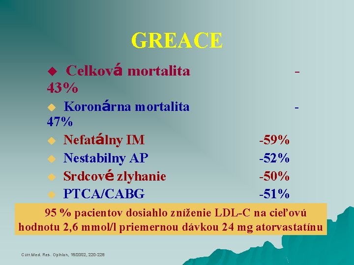 GREACE Celková mortalita 43% u - Koronárna mortalita 47% u Nefatálny IM -59% u