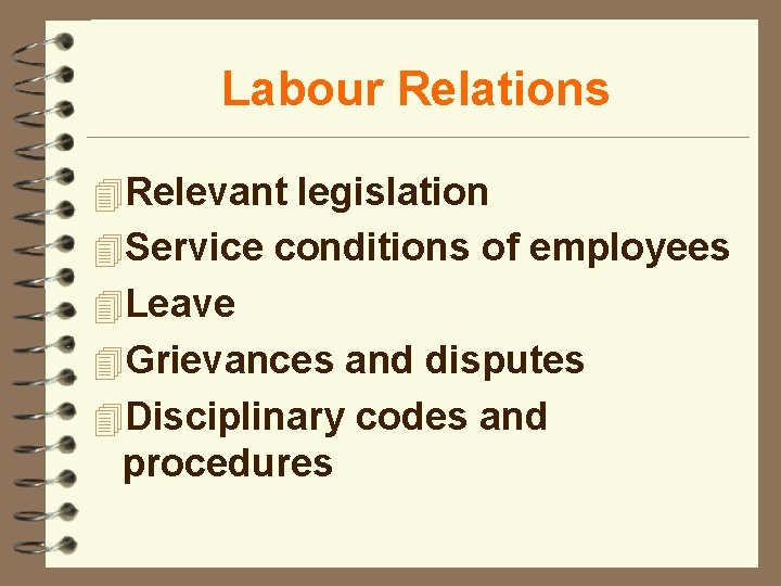 Labour Relations 4 Relevant legislation 4 Service conditions of employees 4 Leave 4 Grievances