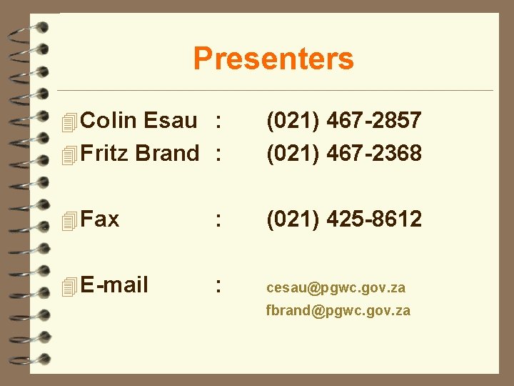 Presenters 4 Colin Esau : 4 Fritz Brand : (021) 467 -2857 (021) 467