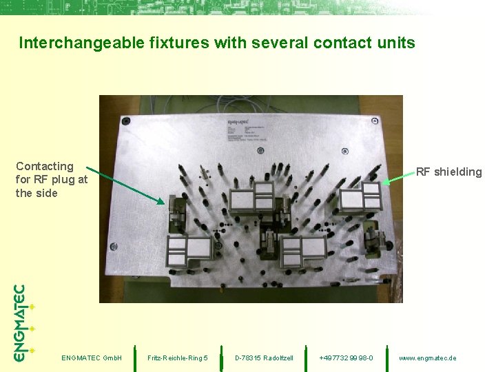 Interchangeable fixtures with several contact units Contacting for RF plug at the side ENGMATEC