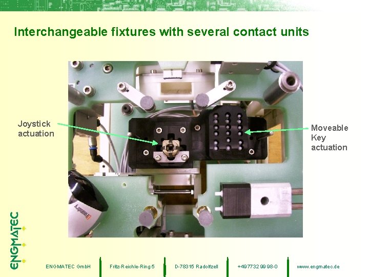 Interchangeable fixtures with several contact units Joystick actuation ENGMATEC Gmb. H Moveable Key actuation