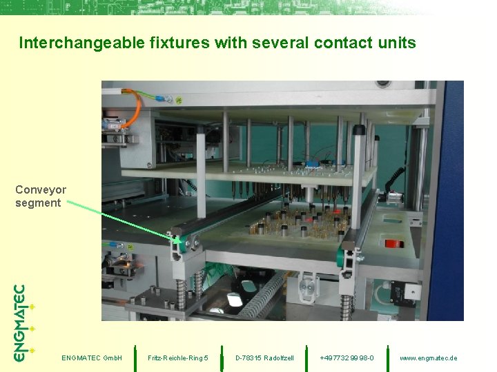 Interchangeable fixtures with several contact units Conveyor segment ENGMATEC Gmb. H Fritz-Reichle-Ring 5 D-78315