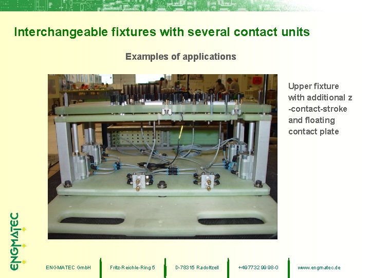 Interchangeable fixtures with several contact units Examples of applications Upper fixture with additional z