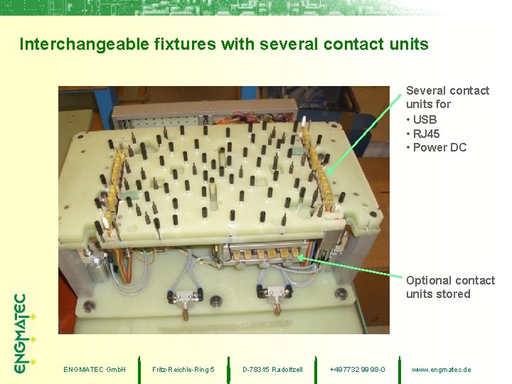 Interchangeable fixtures with several contact units Several contact units for • USB • RJ