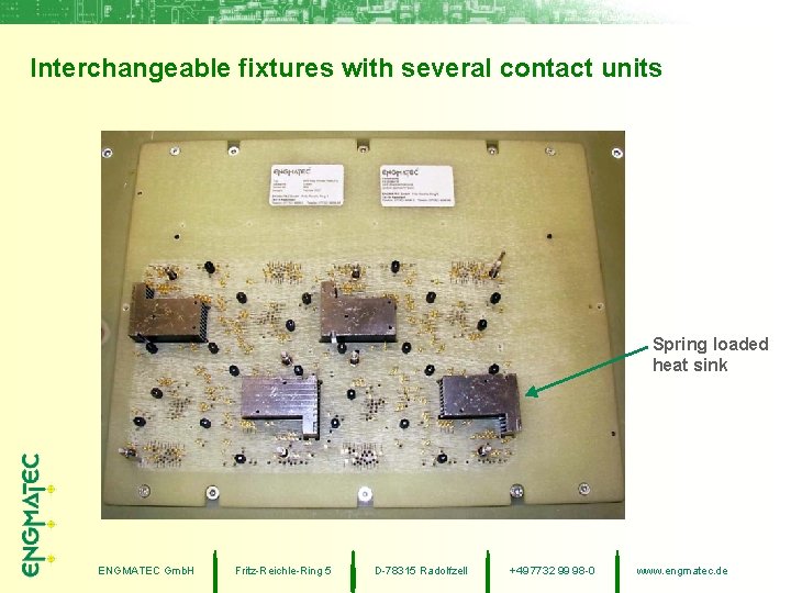 Interchangeable fixtures with several contact units Spring loaded heat sink ENGMATEC Gmb. H Fritz-Reichle-Ring