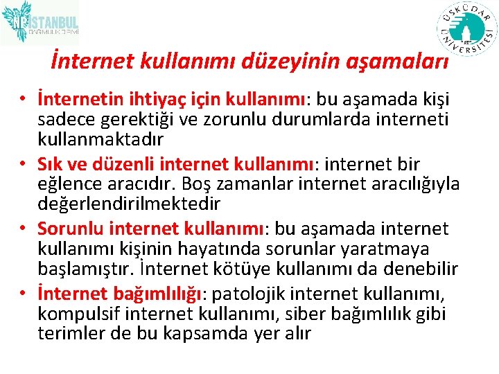 İnternet kullanımı düzeyinin aşamaları • İnternetin ihtiyaç için kullanımı: bu aşamada kişi sadece gerektiği