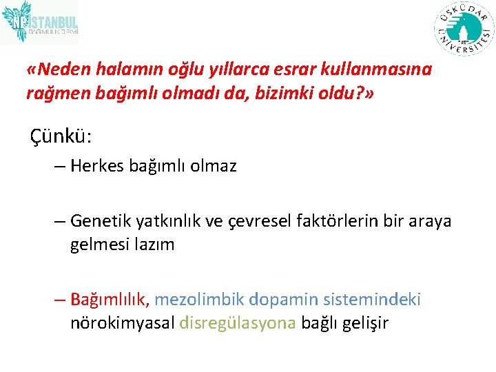  «Neden halamın oğlu yıllarca esrar kullanmasına rağmen bağımlı olmadı da, bizimki oldu? »