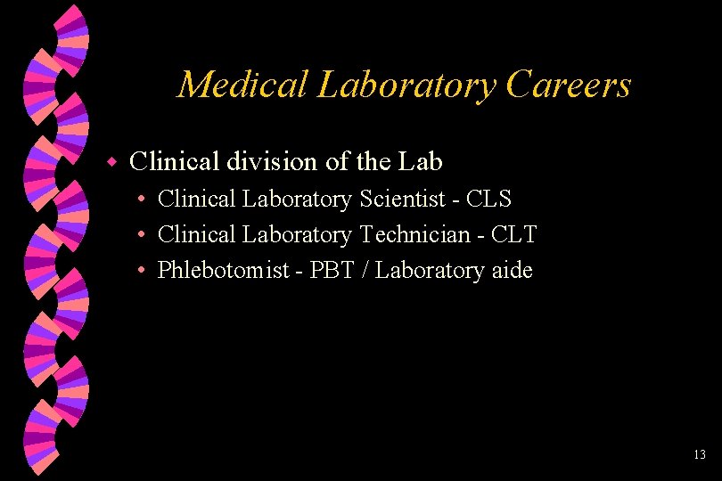 Medical Laboratory Careers w Clinical division of the Lab • Clinical Laboratory Scientist -