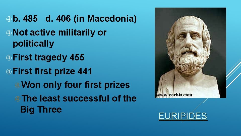  b. 485 d. 406 (in Macedonia) Not active militarily or politically First tragedy