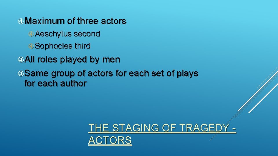  Maximum of three actors Aeschylus second Sophocles third All roles played by men