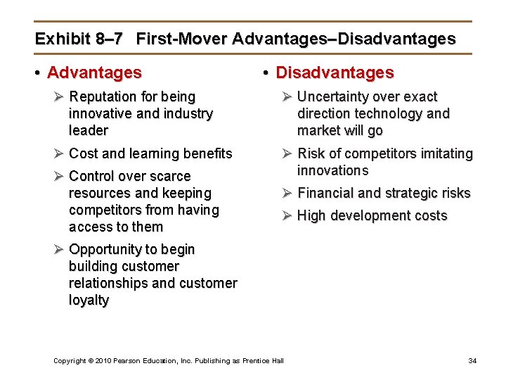 Exhibit 8– 7 First-Mover Advantages–Disadvantages • Advantages • Disadvantages Ø Reputation for being innovative