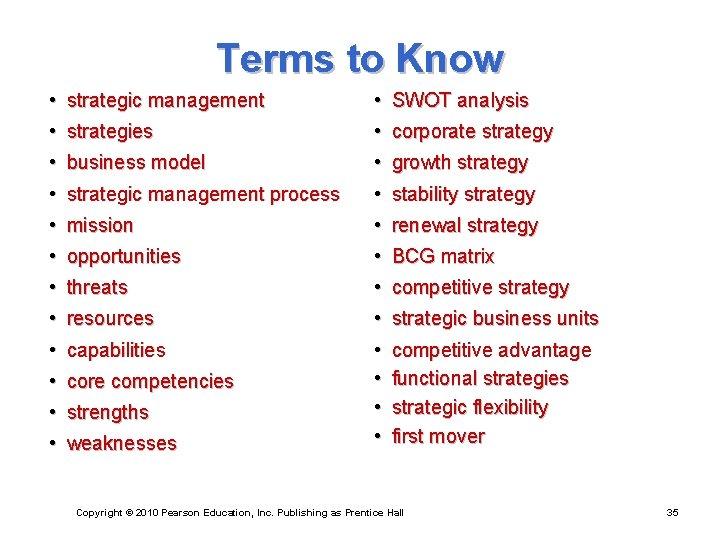 Terms to Know • strategic management • strategies • business model • SWOT analysis