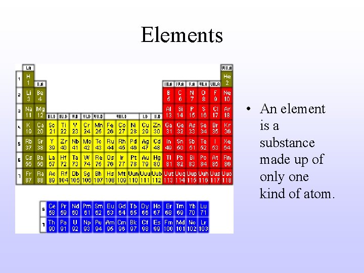 Elements • An element is a substance made up of only one kind of