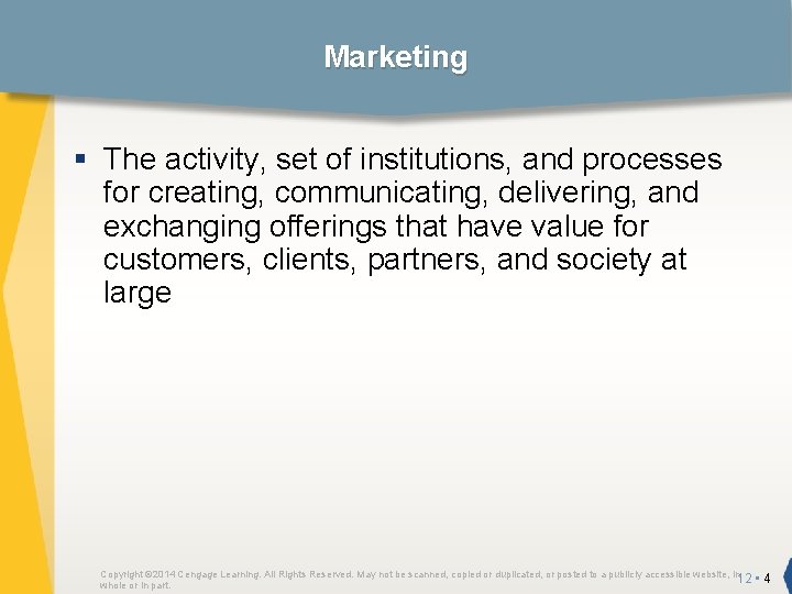 Marketing § The activity, set of institutions, and processes for creating, communicating, delivering, and