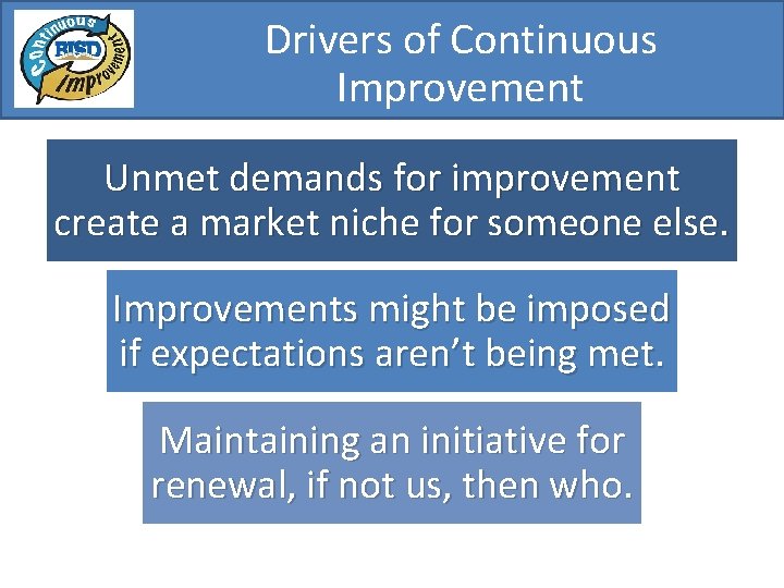 Drivers of Continuous Improvement Unmet demands for improvement create a market niche for someone