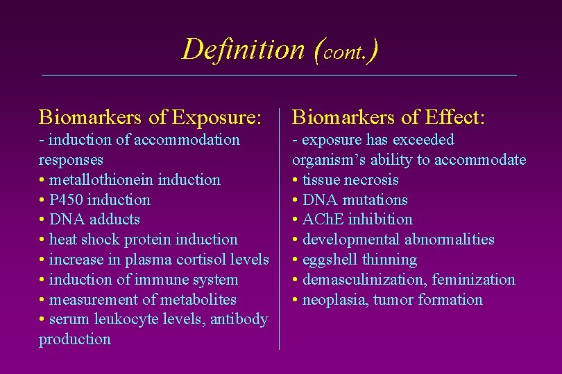 Definition (cont. ) Biomarkers of Exposure: Biomarkers of Effect: - induction of accommodation responses