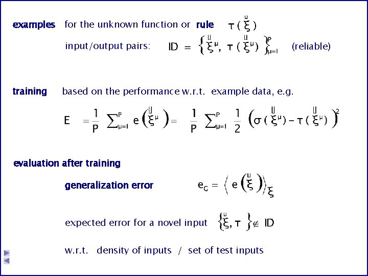 examples for the unknown function or rule input/output pairs: training (reliable) based on the