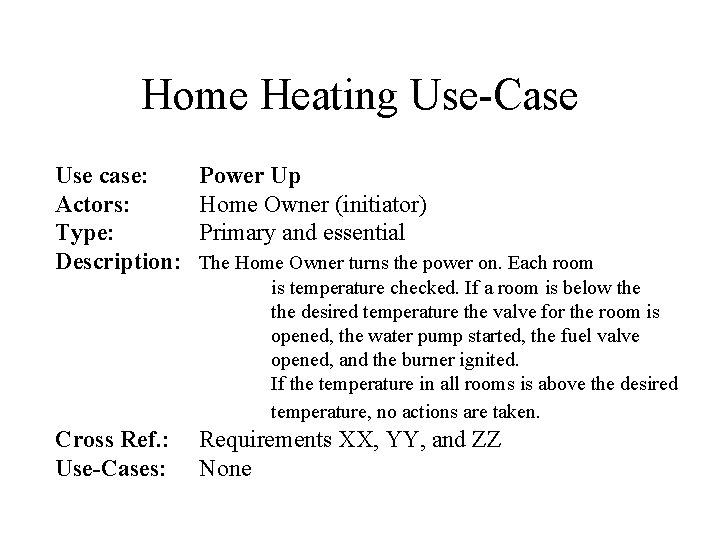 Home Heating Use-Case Use case: Actors: Type: Description: Power Up Home Owner (initiator) Primary