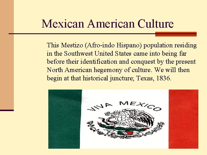 Mexican American Culture This Mestizo (Afro-indo Hispano) population residing in the Southwest United States