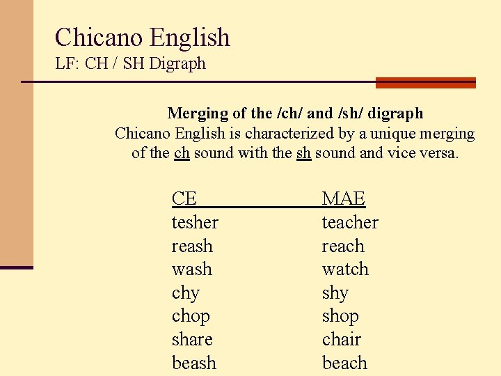 Chicano English LF: CH / SH Digraph Merging of the /ch/ and /sh/ digraph