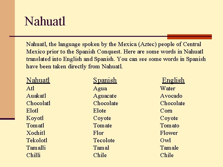 Nahuatl, the language spoken by the Mexica (Aztec) people of Central Mexico prior to