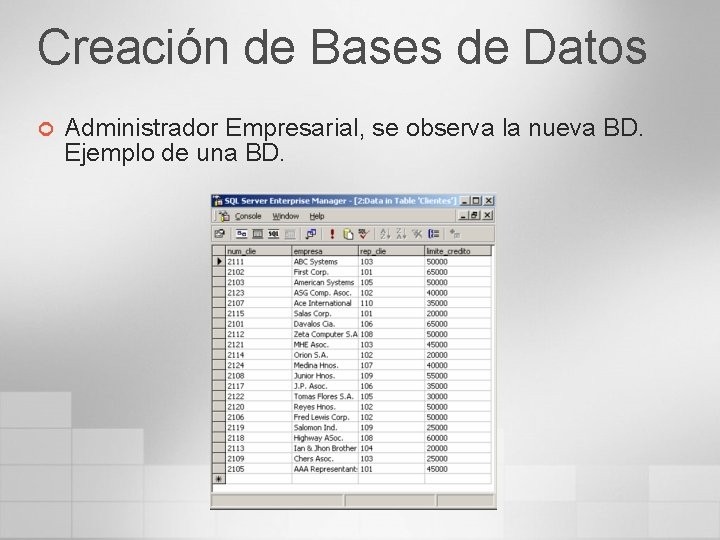 Creación de Bases de Datos ¢ Administrador Empresarial, se observa la nueva BD. Ejemplo