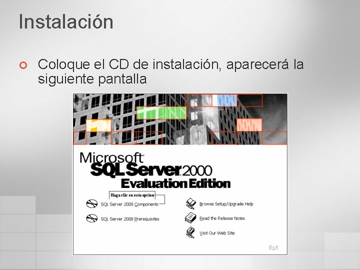 Instalación ¢ Coloque el CD de instalación, aparecerá la siguiente pantalla 