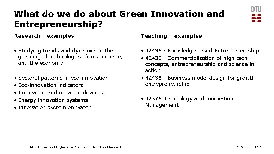 What do we do about Green Innovation and Entrepreneurship? Research - examples Teaching –