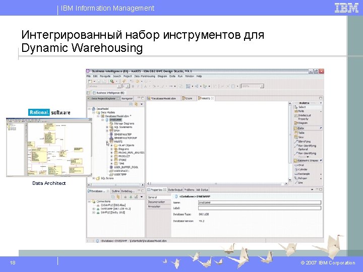IBM Information Management Интегрированный набор инструментов для Dynamic Warehousing Data Architect 18 © 2007 IBM Information Management Интегрированный набор инструментов для Dynamic Warehousing Data Architect 18 © 2007