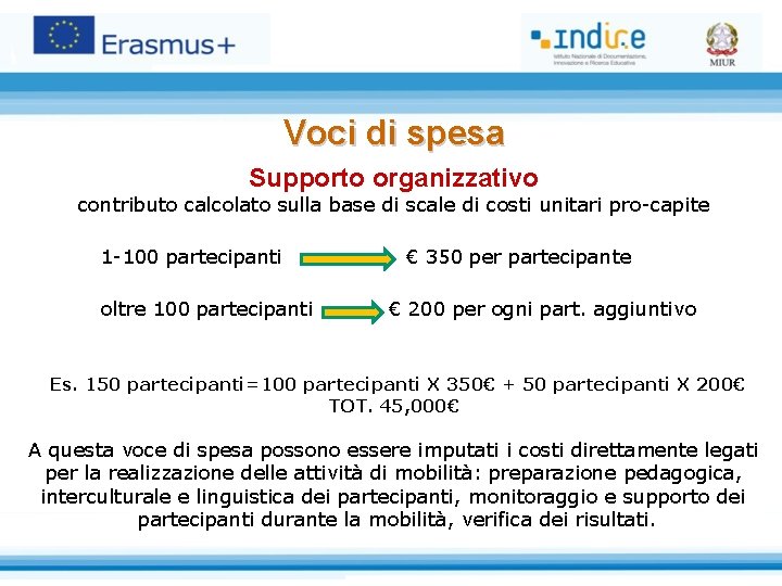 Voci di spesa Supporto organizzativo contributo calcolato sulla base di scale di costi unitari