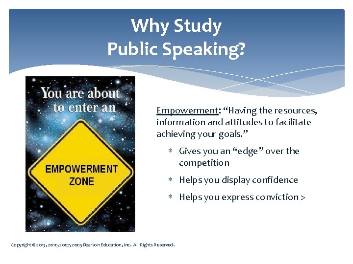 Why Study Public Speaking? Empowerment: “Having the resources, information and attitudes to facilitate achieving