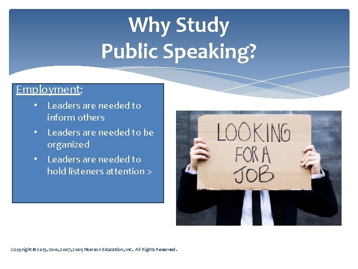 Why Study Public Speaking? Employment: • more Leaders are neededability to “I’ll pay for
