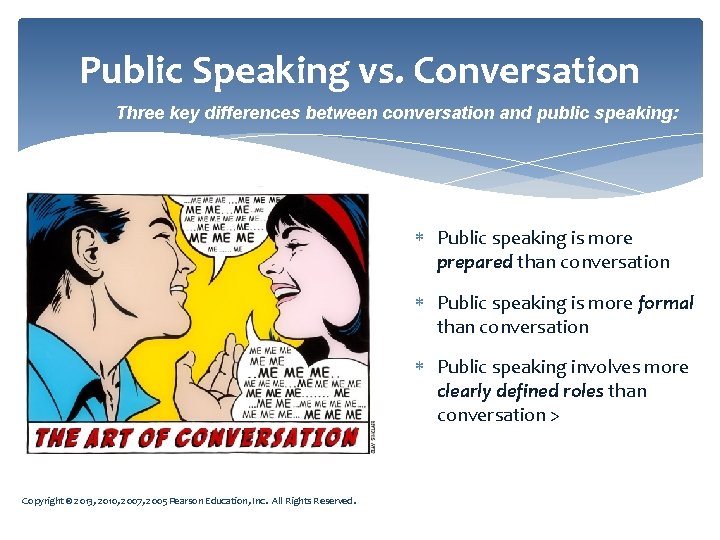 Public Speaking vs. Conversation Three key differences between conversation and public speaking: Public speaking