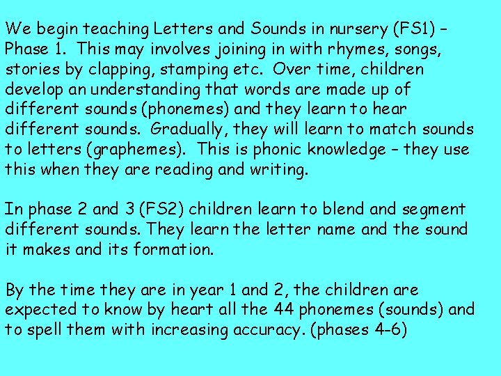 We begin teaching Letters and Sounds in nursery (FS 1) – Phase 1. This