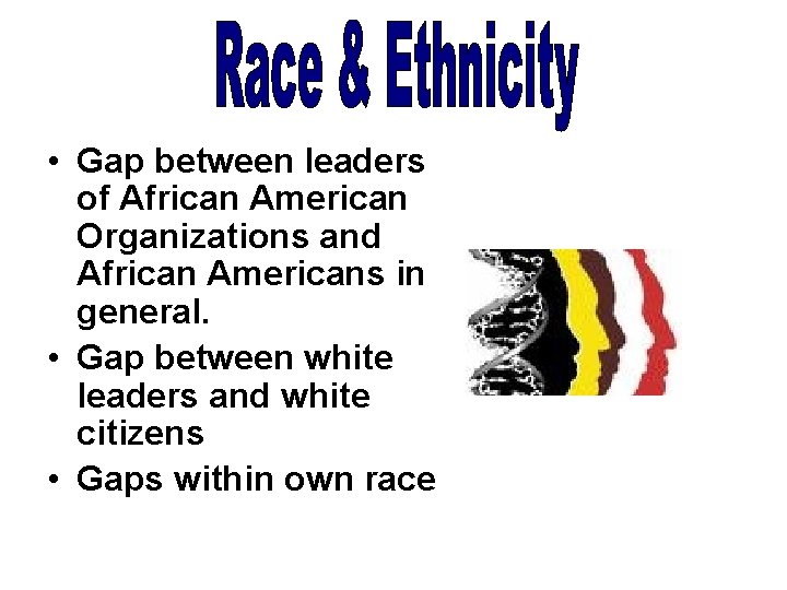  • Gap between leaders of African American Organizations and African Americans in general.