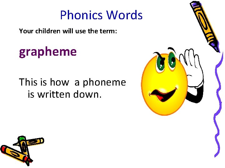 Phonics Words Your children will use the term: grapheme This is how a phoneme