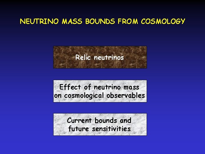 NEUTRINO MASS BOUNDS FROM COSMOLOGY Relic neutrinos Effect of neutrino mass on cosmological observables