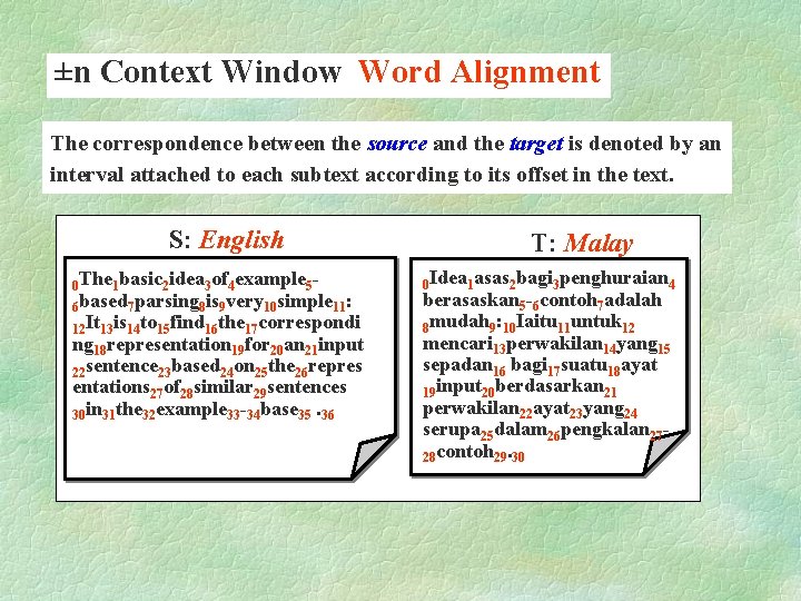 ±n Context Window Word Alignment The correspondence between the source and the target is