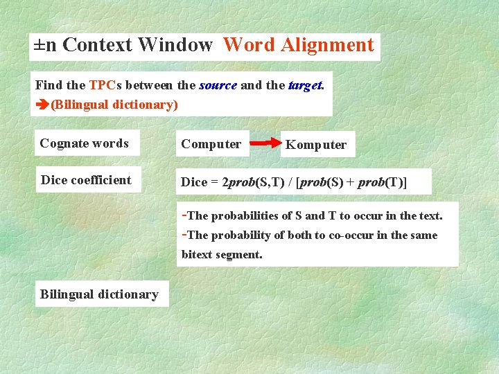 ±n Context Window Word Alignment Find the TPCs between the source and the target.