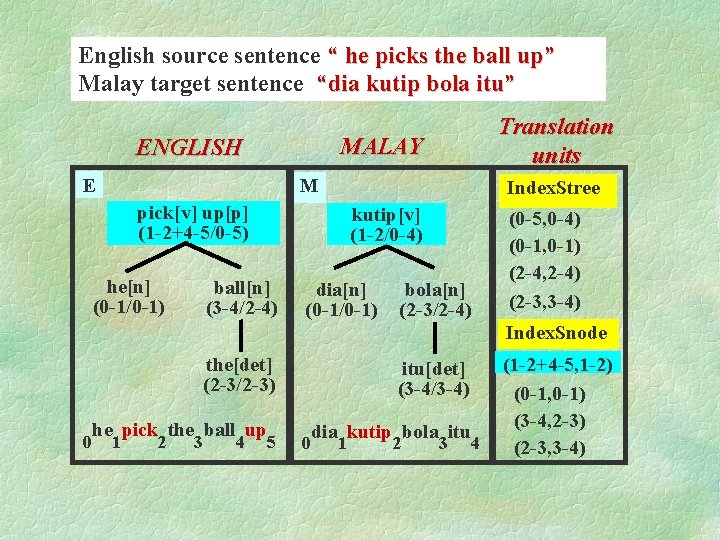 English source sentence “ he picks the ball up” Malay target sentence “dia kutip