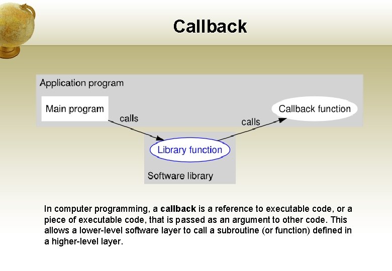 Callback In computer programming, a callback is a reference to executable code, or a
