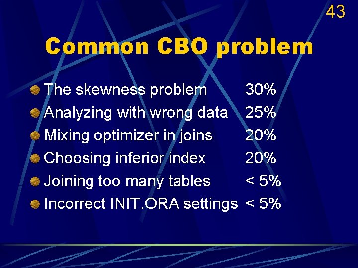 43 Common CBO problem The skewness problem Analyzing with wrong data Mixing optimizer in