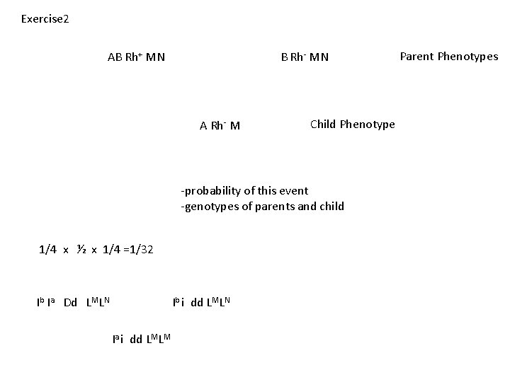 Exercise 2 AB Rh+ MN B Rh- MN A Rh- M Child Phenotype -probability