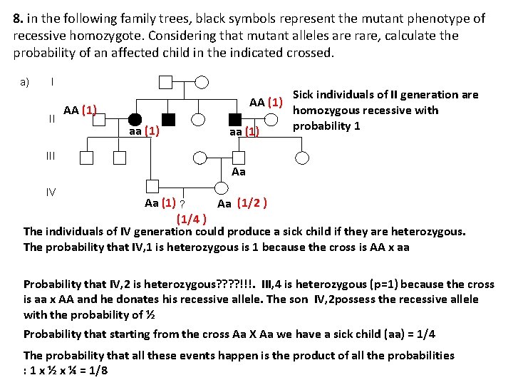 8. in the following family trees, black symbols represent the mutant phenotype of recessive