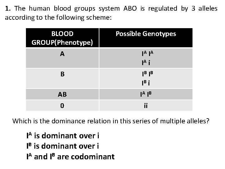 1. The human blood groups system ABO is regulated by 3 alleles according to